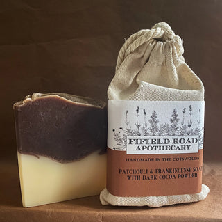 Patchouli and frankincense soap with dark cocoa powder.